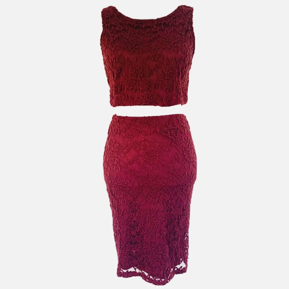 Xhilaration Burgundy Cropped Sleeveless Top & Midi A-Line Skirt Set | Small